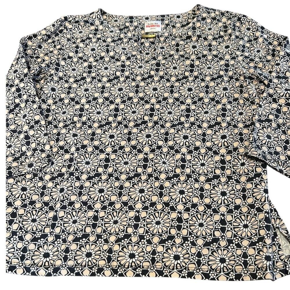Ruby Rd Favorites Petite Blouse Black Tan Geometric Floral Keyhole Top PM
